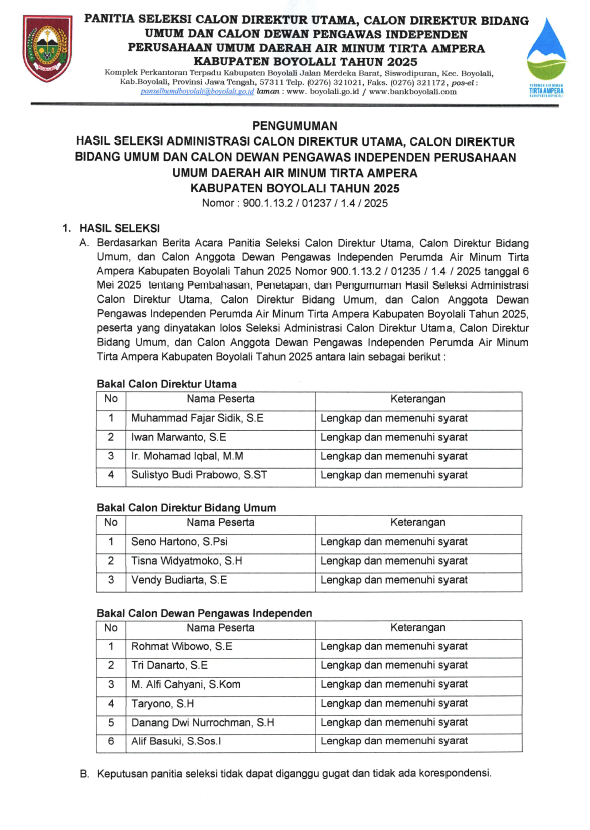 Pengumuman Hasil Seleksi Administrasi Calon Direktur Utama, Calon Direktur Bid. Umum, dan Calon Dewan Pengawas Independen PERUMDA TIRTA AMPERA 2025